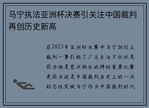 马宁执法亚洲杯决赛引关注中国裁判再创历史新高